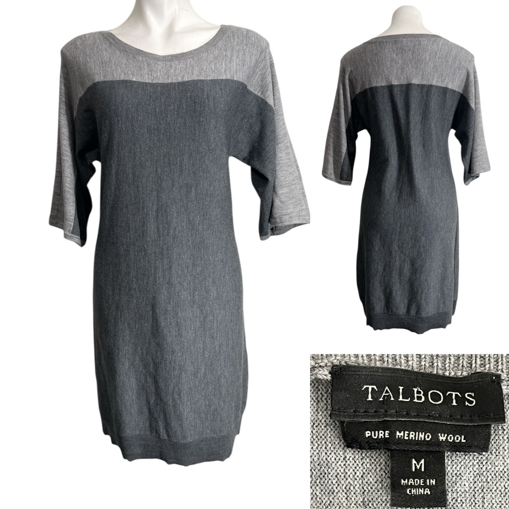 Talbots sweater dress sz‎ M Two-Tone Gray Merino Wool short sleeve office casual